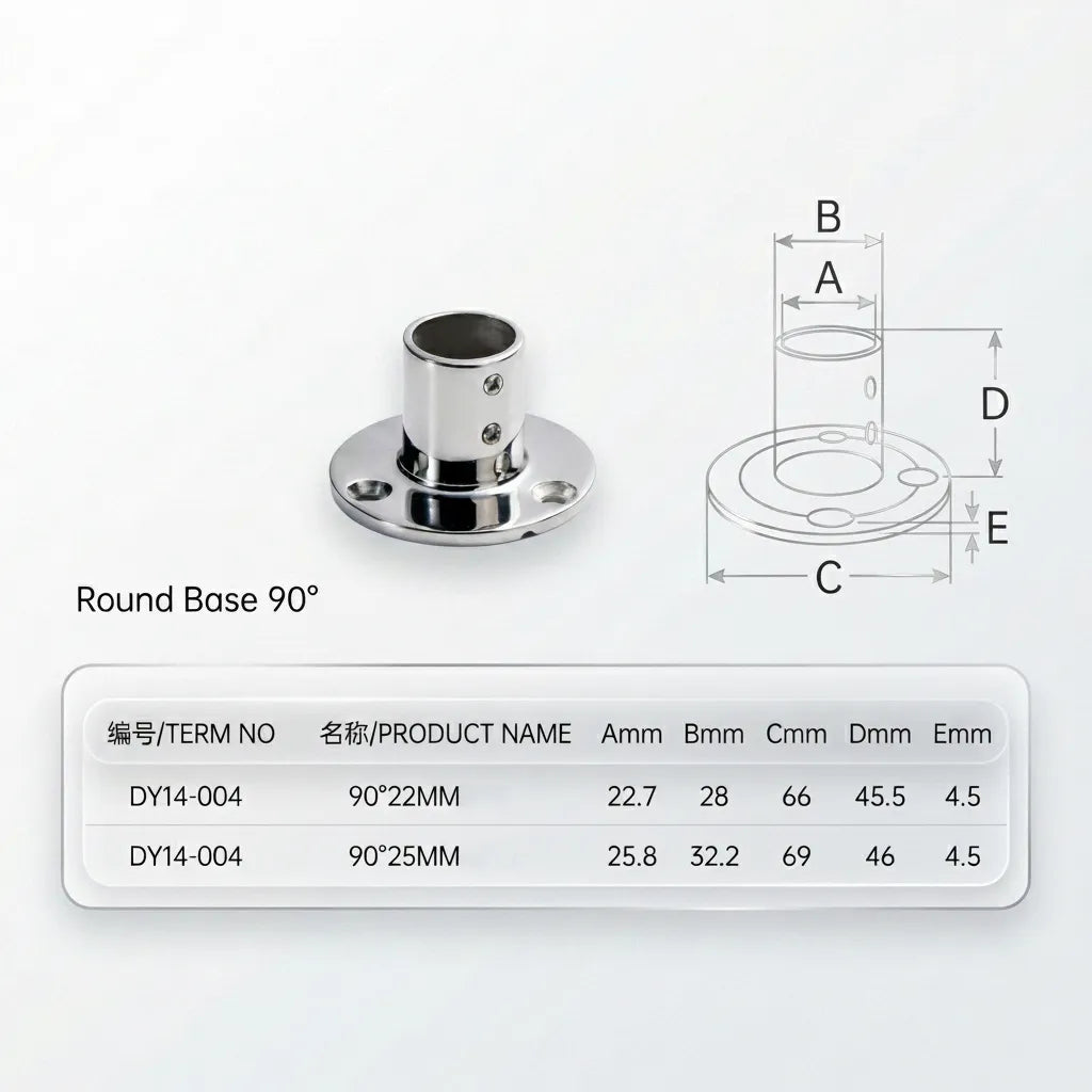 Technical diagram of the 90-degree round base fitting with dimension callouts for internal diameter A (22.7mm/25.8mm), base width C (66mm/69mm), and height D (45.5mm/46mm).