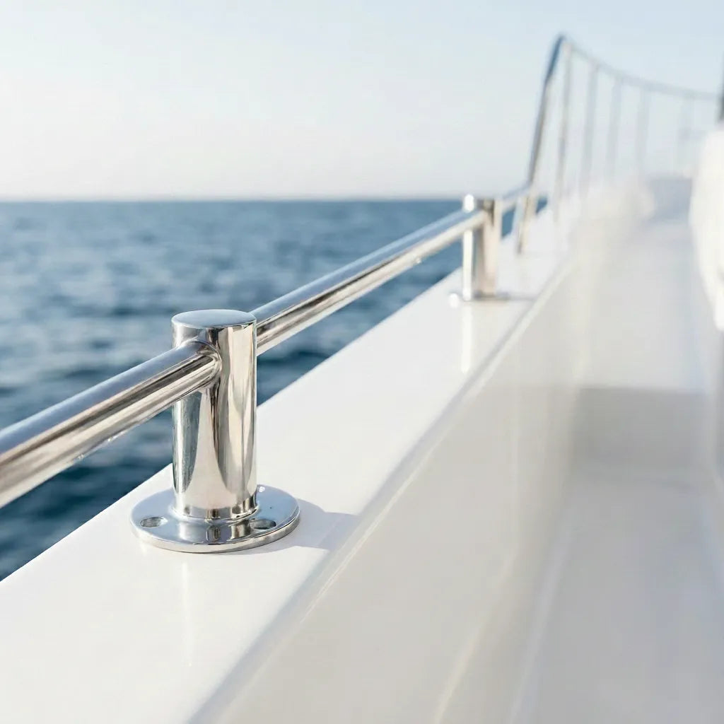 Close-up of the stainless steel handrail fitting installed on a white yacht deck against a clear ocean backdrop.