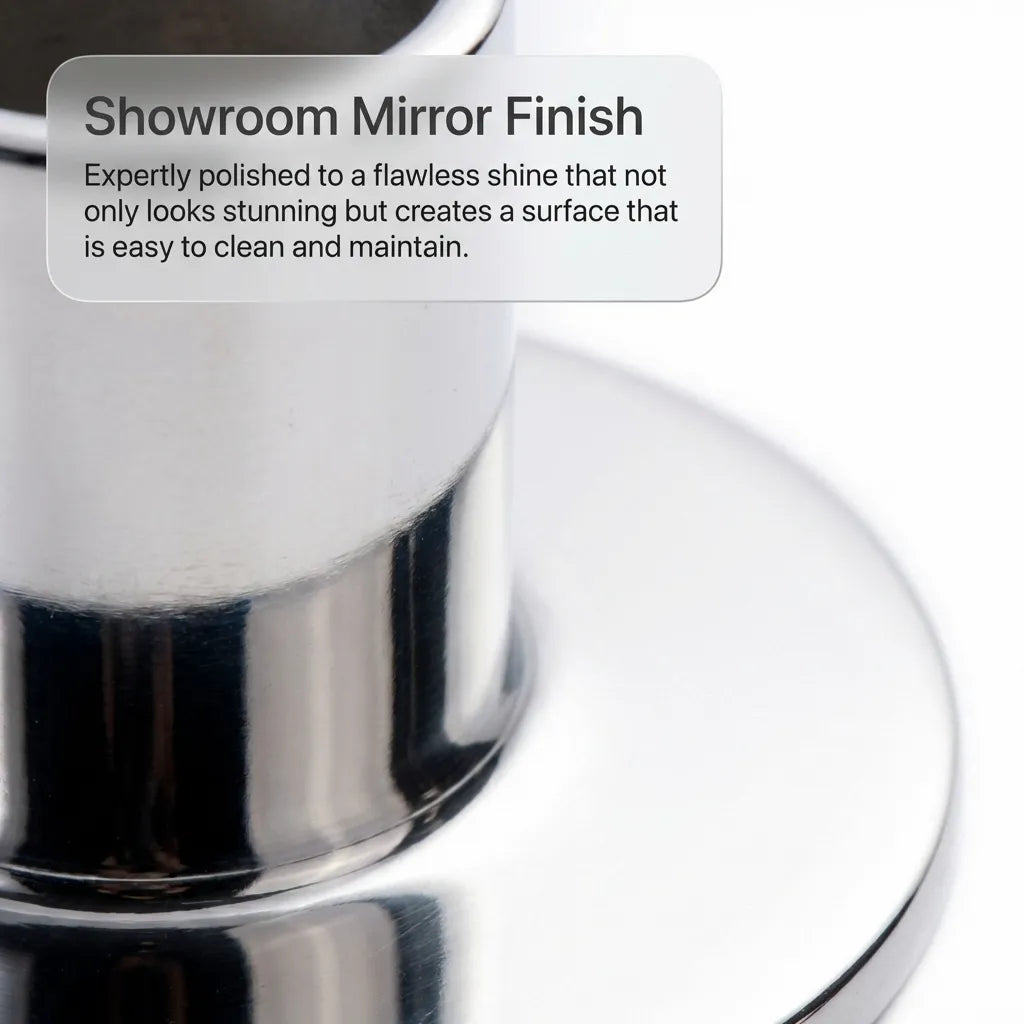 Macro shot of the showroom-quality mirror finish demonstrating the flawless polish and easy-clean surface.