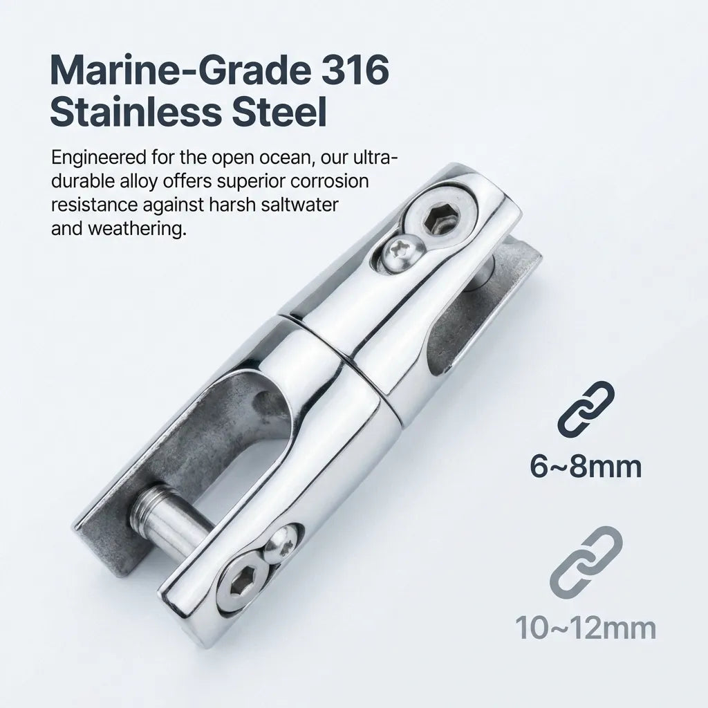 Close-up of anchor swivel body with technical text highlighting 316 stainless steel alloy properties for saltwater resistance.
