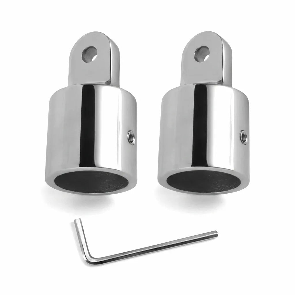 A pair of 316 stainless steel bimini top eye end caps with a mirror finish, including a specialized L-shaped hex key, shown on a clean white background.