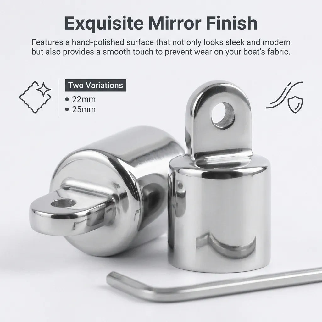 Macro shot of the exquisite hand-polished mirror finish on the bimini fittings designed to prevent wear on boat fabrics.