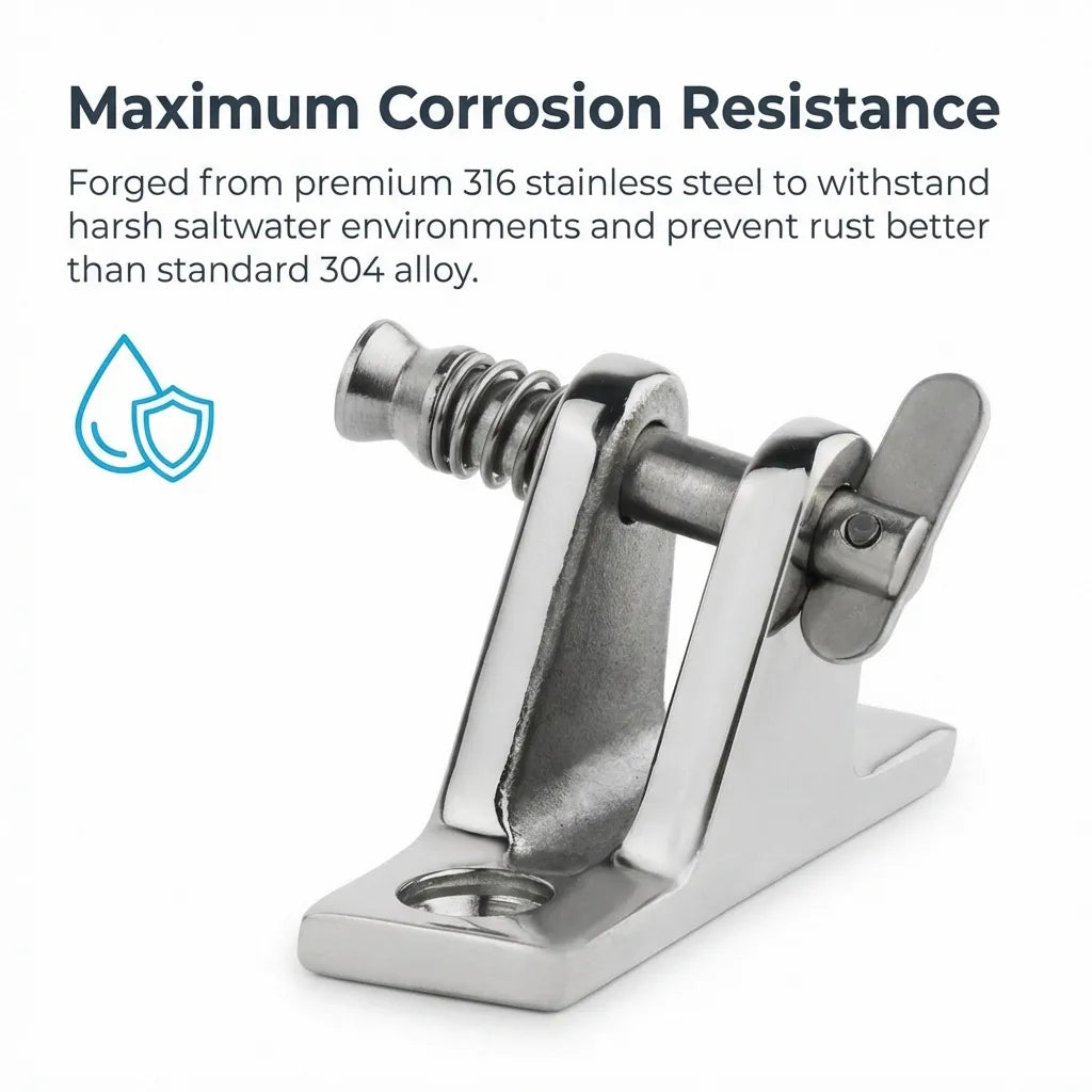 Infographic showing the 316 stainless steel hinge with text highlighting maximum corrosion resistance and superior performance over 304 alloy in saltwater.