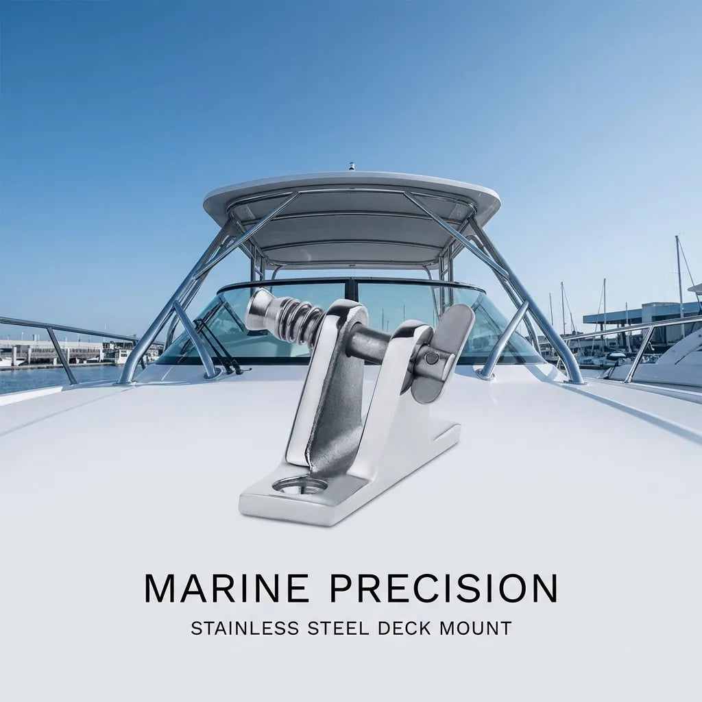 The stainless steel deck hinge mounted on a yacht's bow with the bimini frame and marina in the background.