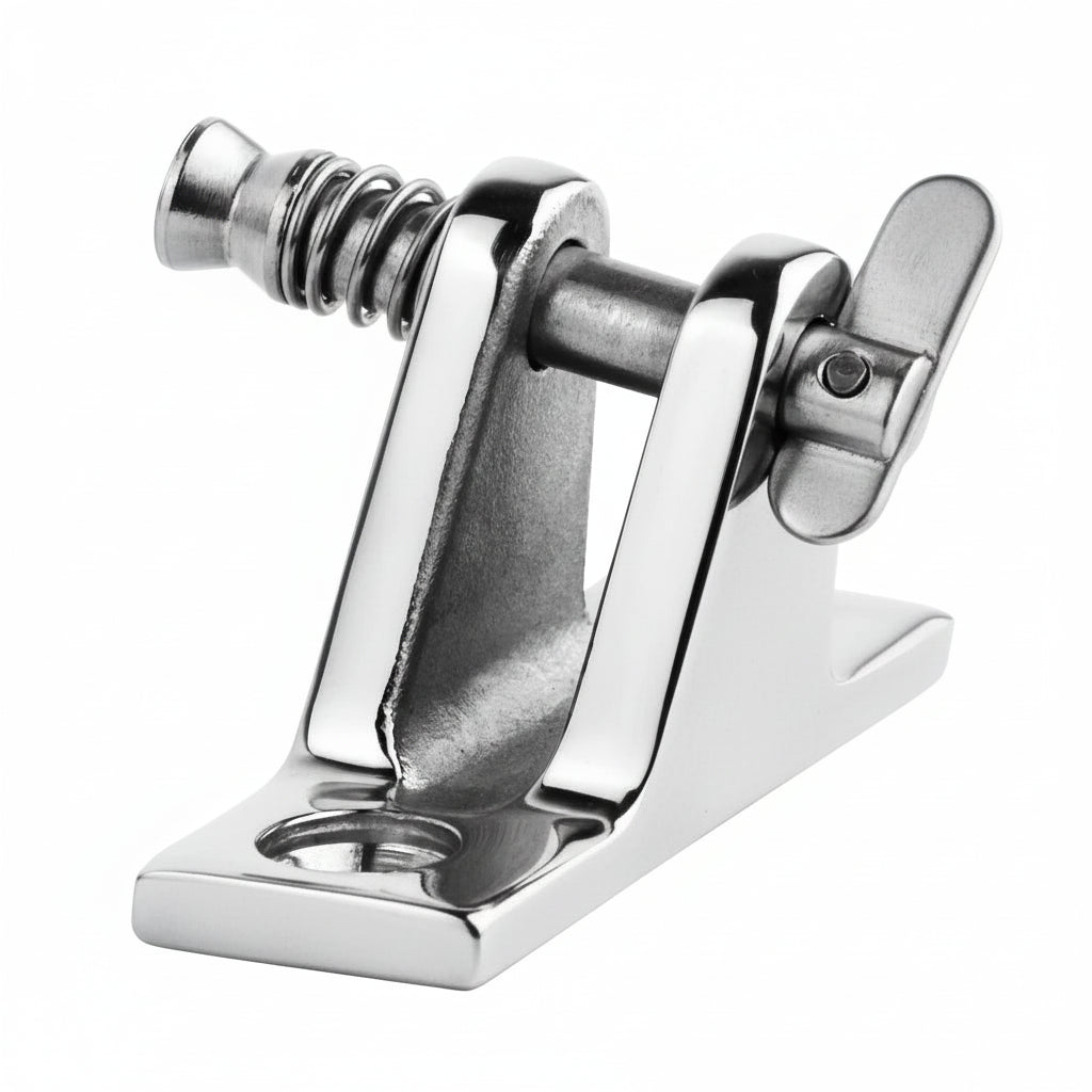High-angle perspective of a mirror-polished 316 stainless steel swivel deck hinge with a captive spring-loaded quick release pin on a white background.