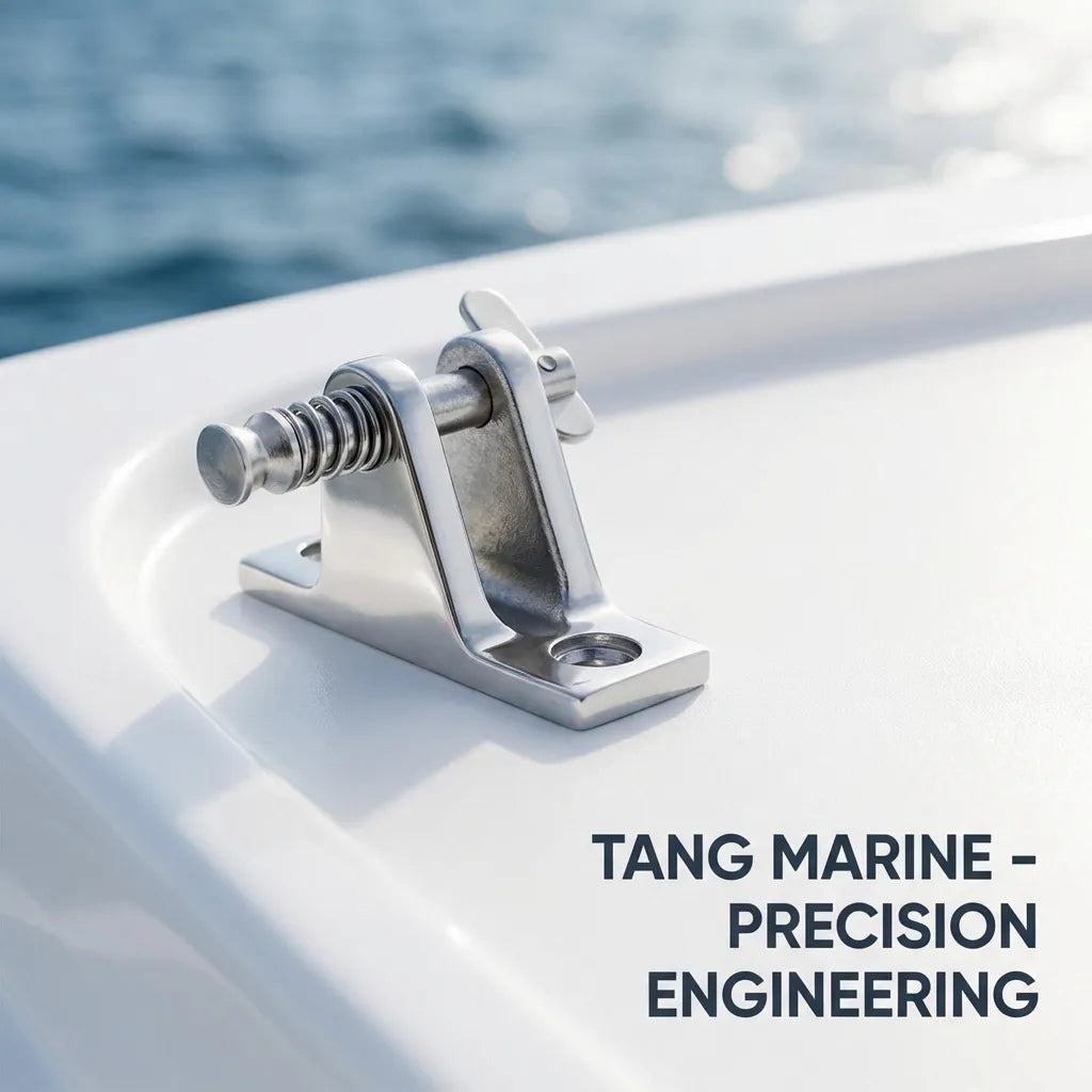 Close-up view of the 316 stainless steel deck mount installed on a white fiberglass boat deck with water in the background.