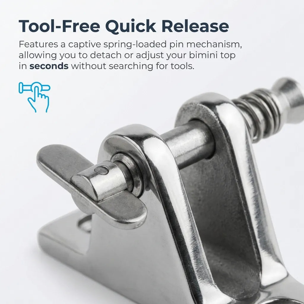 Macro detail of the captive spring-loaded pin mechanism and wing nut designed for tool-free quick release of bimini tops.