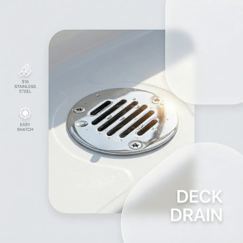 Marine deck drain installed in a white fiberglass hull, demonstrating rapid water evacuation and seamless surface integration.