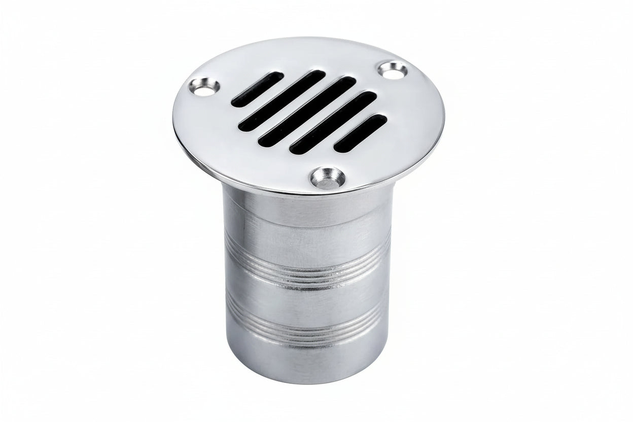 Mirror-polished 316 stainless steel boat floor deck drain on a white background, featuring a 5-slat high-flow grille and 3-screw mounting flange.