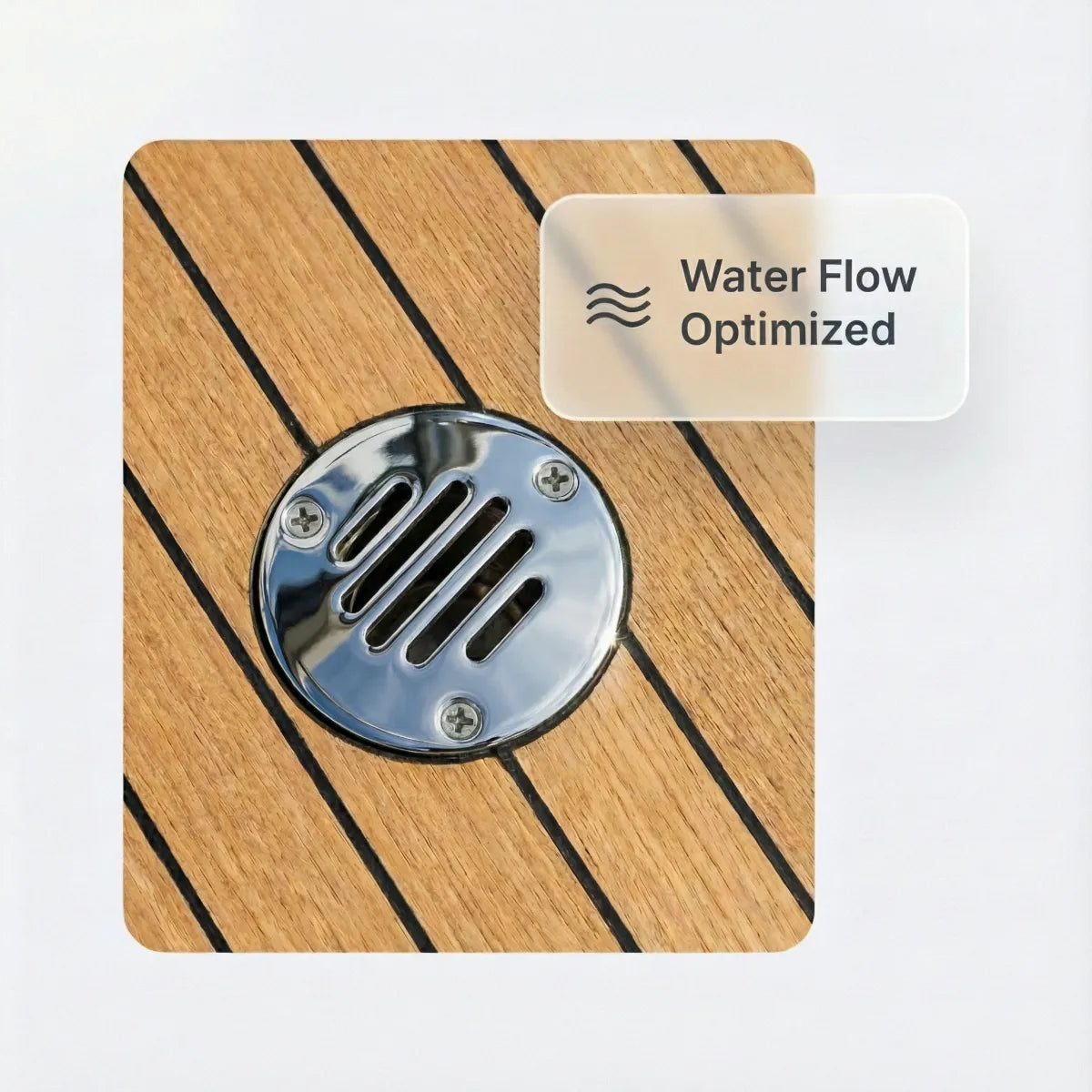 Close-up of the 50mm stainless steel scupper drain installed flush into a premium teak wood boat deck, showcasing its mirror-finish aesthetic.