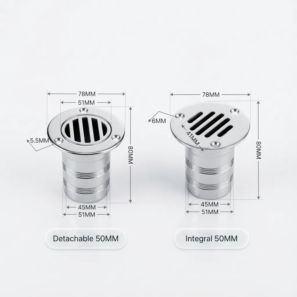 Technical dimension diagram comparing detachable versus integral 50mm boat drains, showing 78mm flange width and 80mm installation depth.
