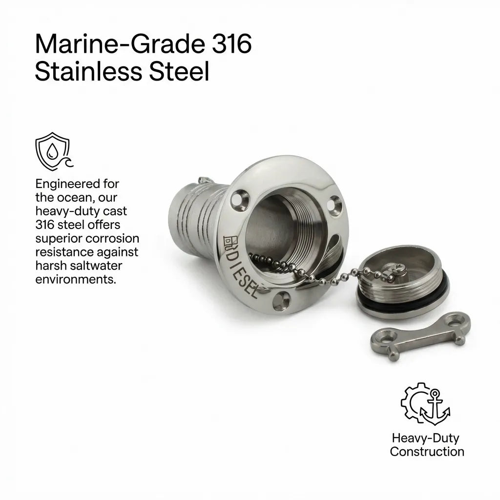 Technical feature image highlighting the marine-grade 316 stainless steel construction engineered for harsh saltwater environments.