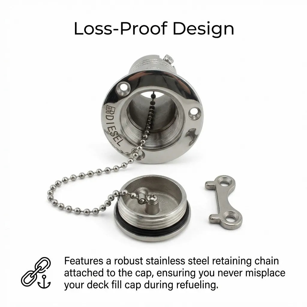 Detailed view of the stainless steel ball-style retaining chain connecting the deck cap to the housing to prevent loss during refueling.