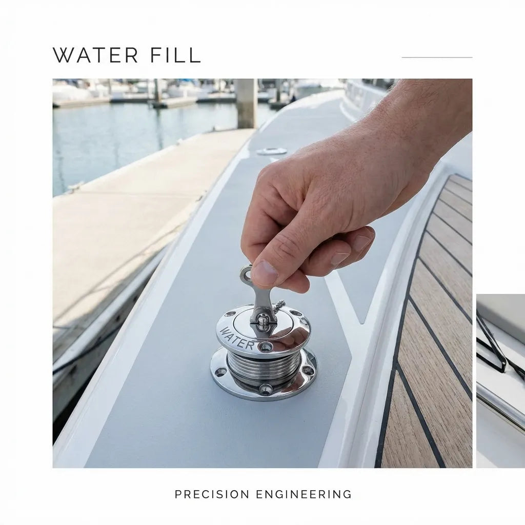 Close-up of a hand using a deck key to tighten a water fill cap on a modern yacht deck featuring teak accents.