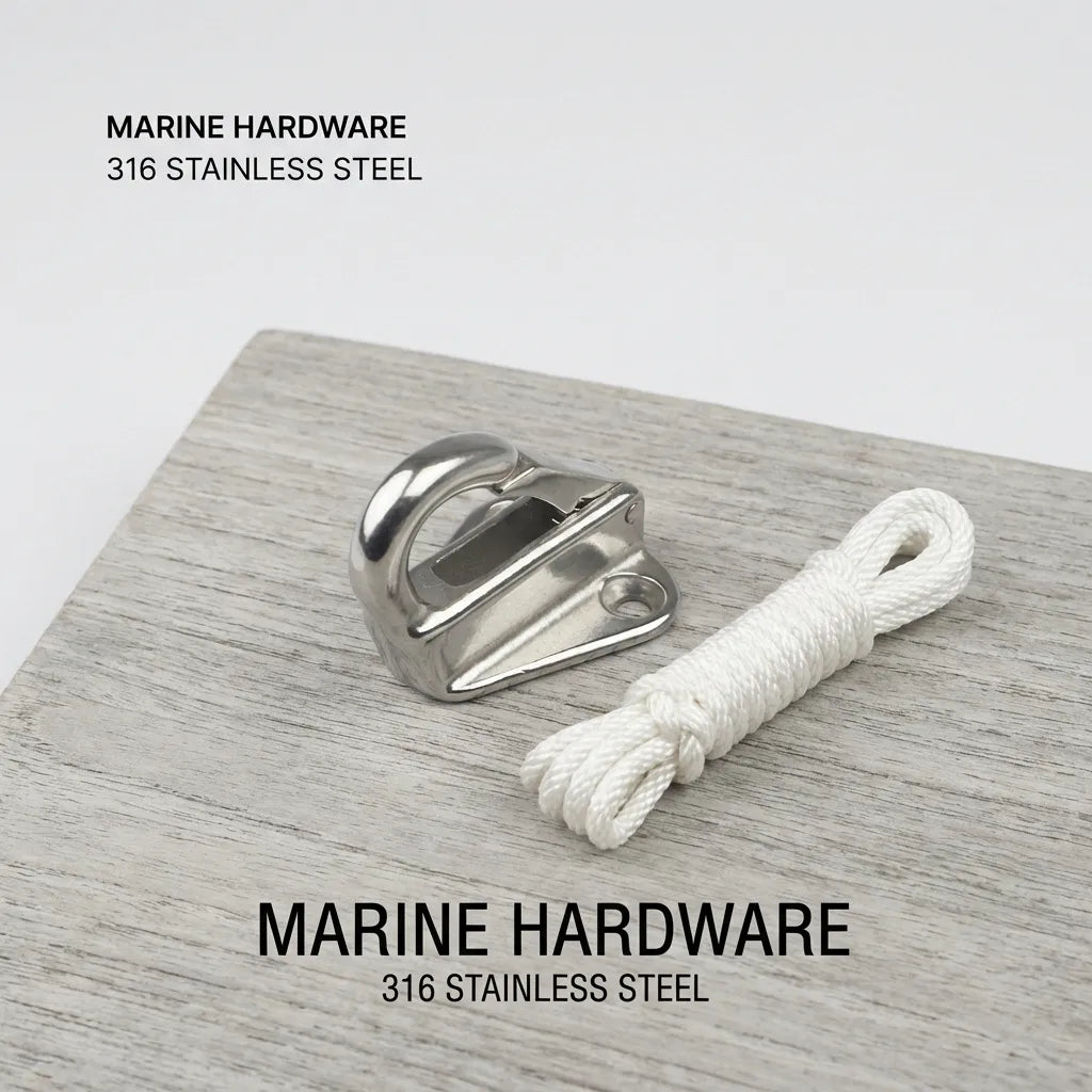 The 316 stainless steel hook shown next to a braided white marine rope on a weathered grey wood surface.