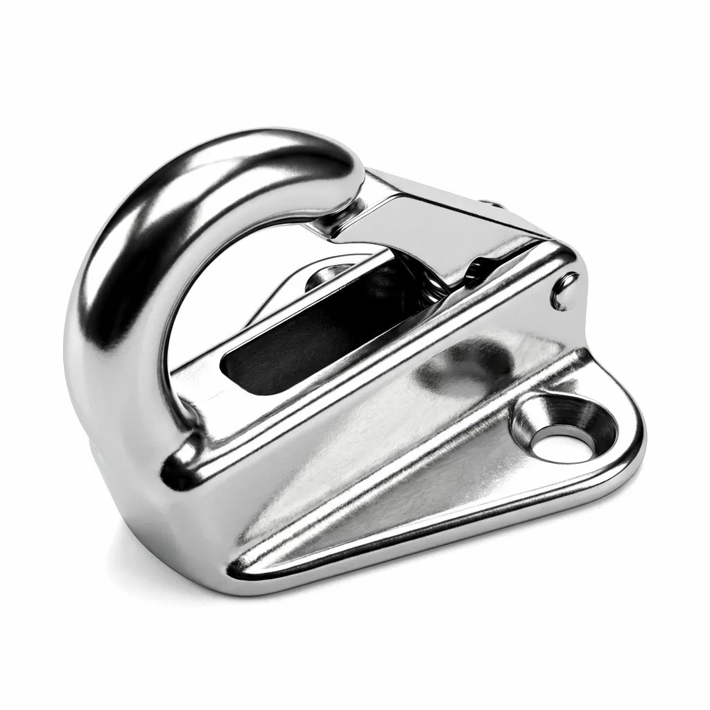 High-angle hero shot of a 316 marine-grade stainless steel boat fender hook with a mirror-polished finish and spring-loaded snap clip on a white background.