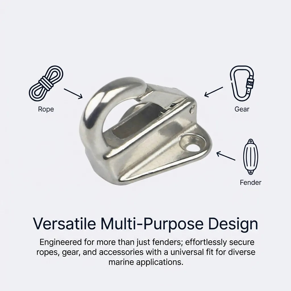 Infographic showing the versatile application of the hook for securing ropes, carabiner gear, and boat fenders.