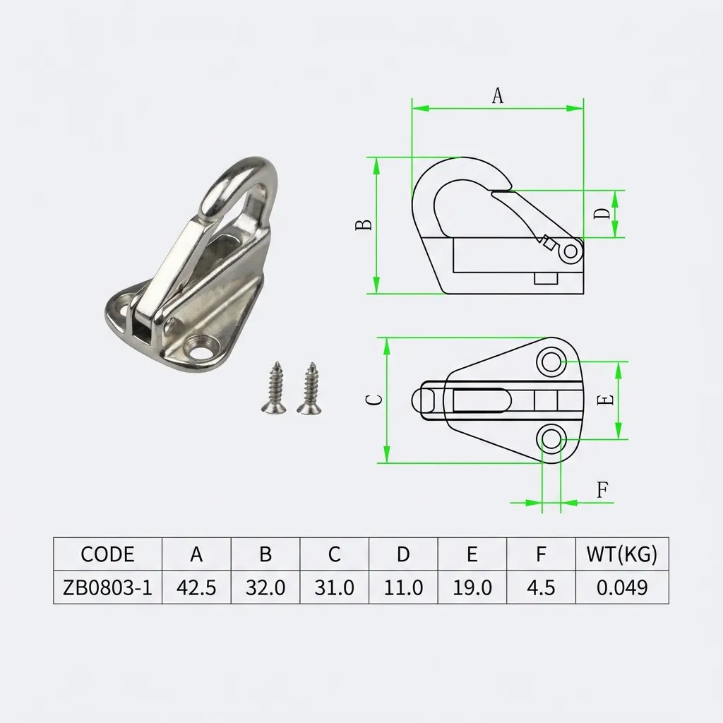 Technical CAD drawing and dimension table for model ZB0803-1 showing width 42.5mm, height 32.0mm, and screw hole diameter 4.5mm.