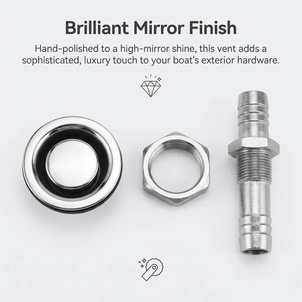 Exploded view showing the mirror-polished vent cap, mounting gasket, securing nut, and threaded barbed shaft.