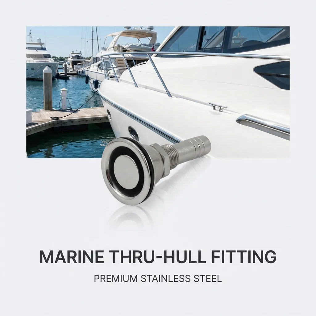 A lifestyle composite showing the 316 stainless steel fuel vent installed on the white hull of a luxury yacht in a marina.