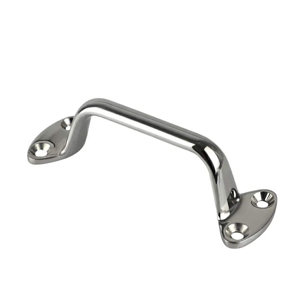 Mirror-polished 316 stainless steel marine grab handle with two mounting points on a white background