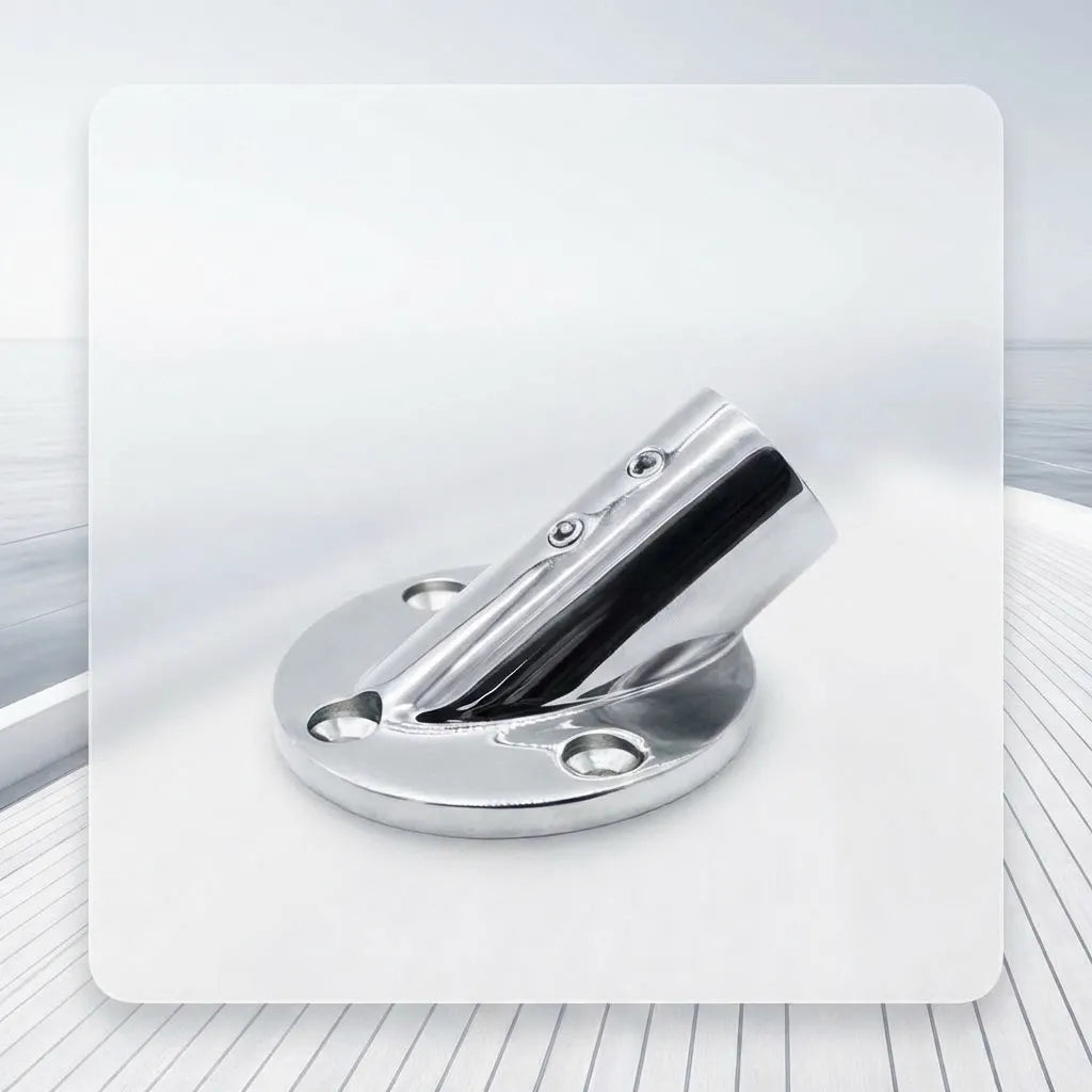 Marine grade handrail base mounted on a ship's gunwale, showcasing the high-gloss reflective surface.
