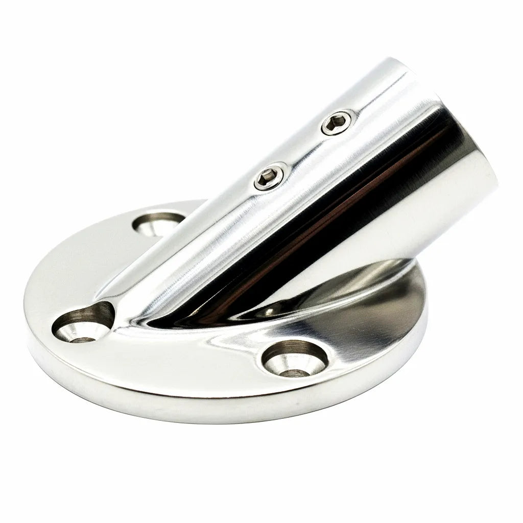 Hero shot of a 316 Stainless Steel 45-degree boat handrail fitting with a mirror-polished finish on a pure white background.