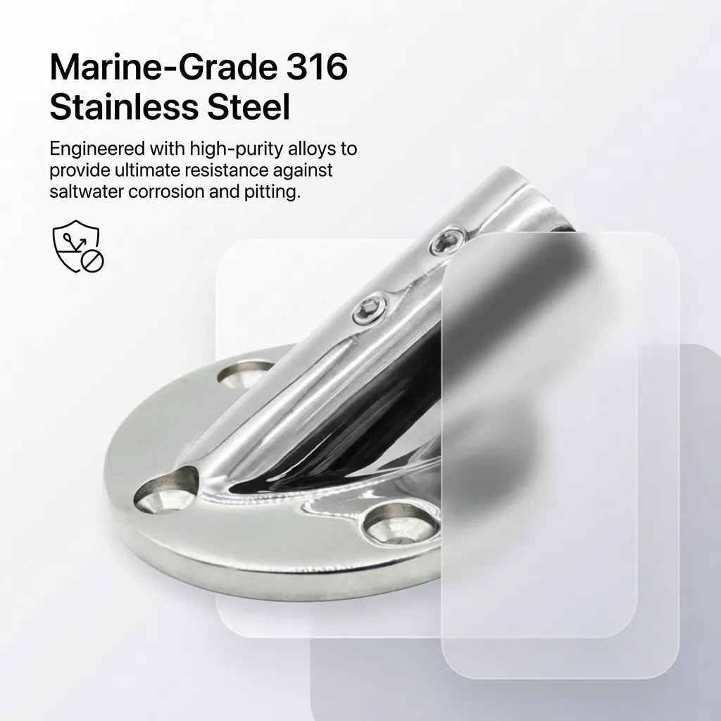 Infographic highlighting the high-purity 316 stainless steel alloy construction for saltwater corrosion resistance.