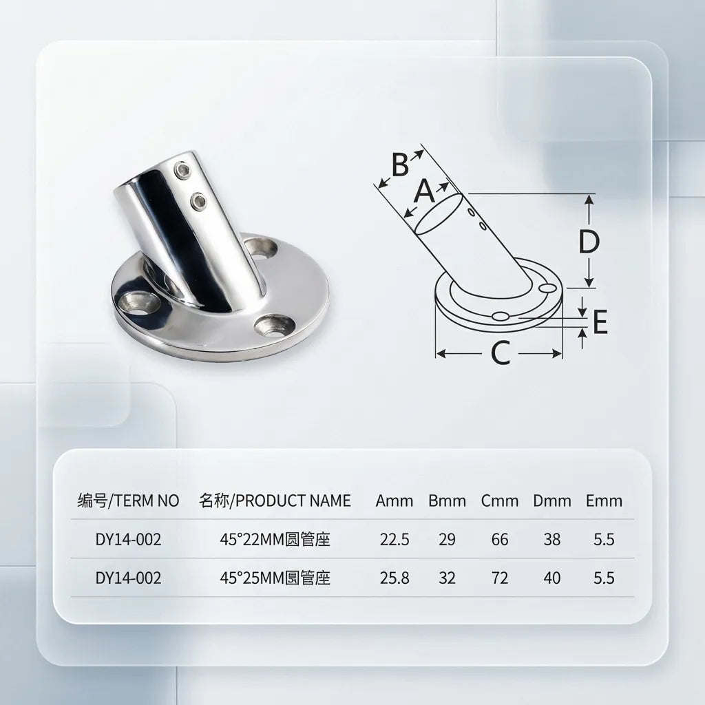 Technical diagram showing dimensions A (22.5mm/25.8mm), B (29mm/32mm), C (66mm/72mm), and D (38mm/40mm) for 45-degree round pipe bases.