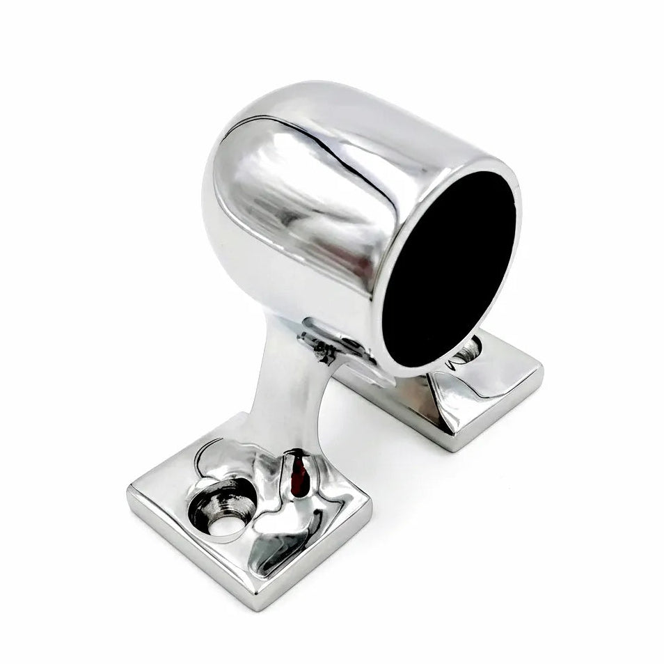 Mirror-polished 316 stainless steel handrail stanchion base 90 degree forward end mount for 25mm marine railing on white background.