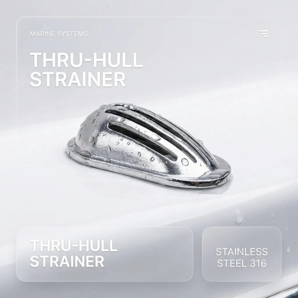External view of the 316 stainless steel intake strainer installed on a white boat hull, showing the low-profile scoop design with water droplets.