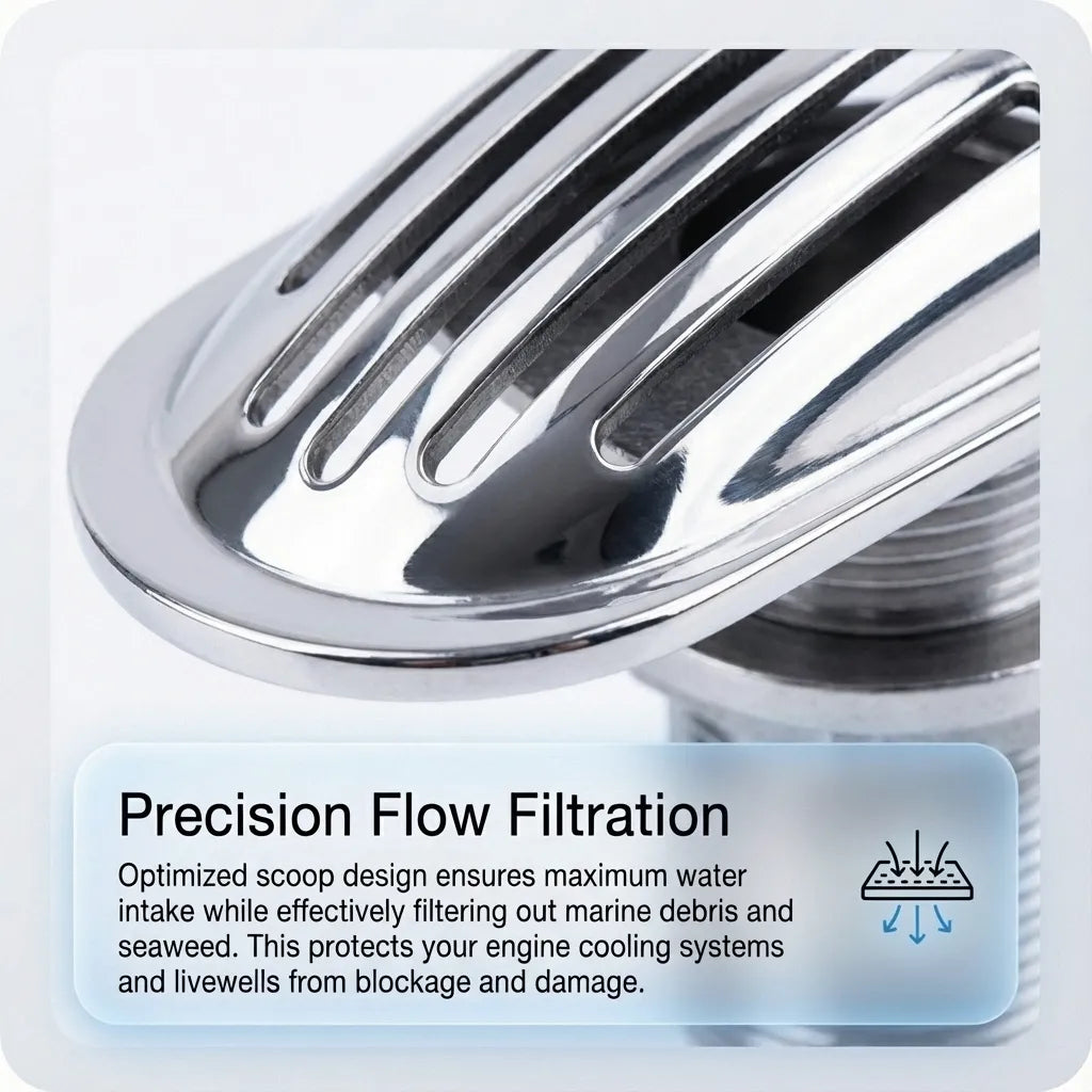 Close-up macro photography showing the precision filtration slots of the stainless steel scoop designed to block seaweed and marine debris.