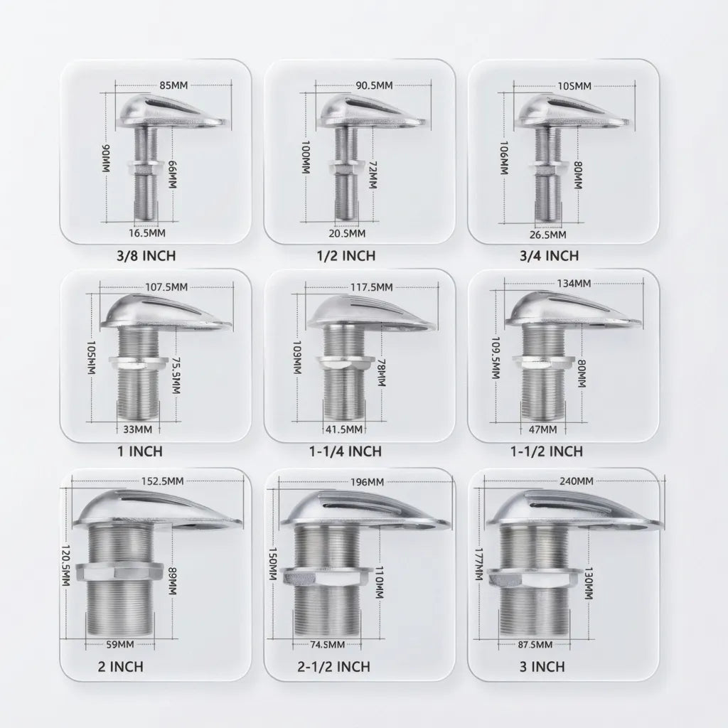 Comprehensive dimension chart for boat intake strainers ranging from 3/8 inch to 3 inch thread sizes with detailed millimeter measurements for each component.