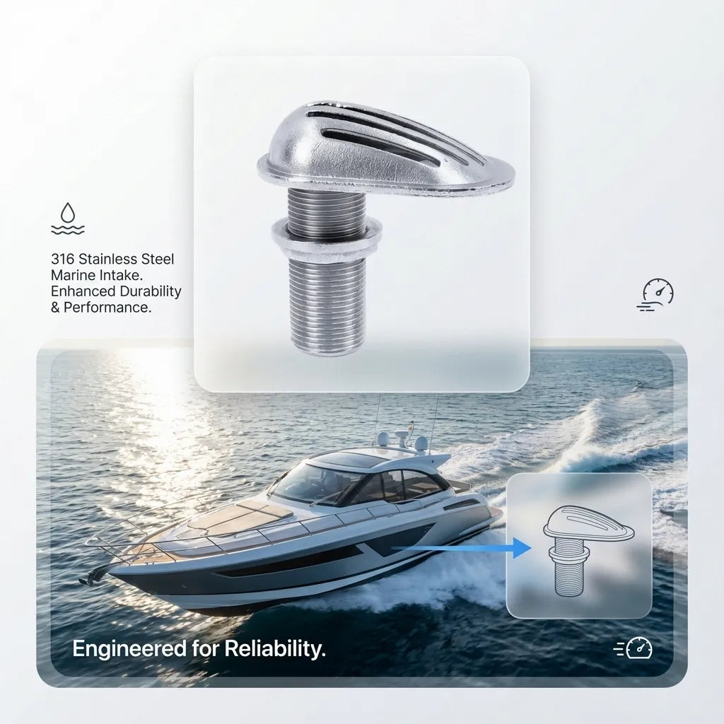 Graphic showing a luxury yacht at speed with a callout diagram illustrating the proper thru-hull installation position for the intake strainer.