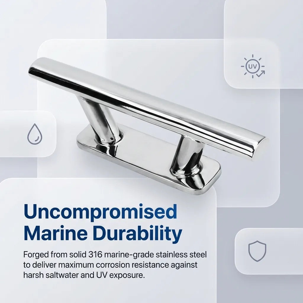 Material analysis graphic showing the composition of 316 marine-grade stainless steel for maximum corrosion resistance.