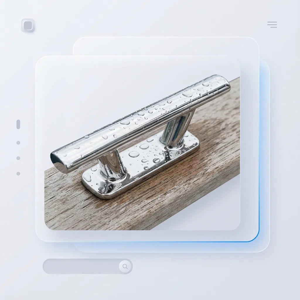 Marine mooring cleat mounted on a wooden surface showing water bead-off effect on the hydrophobic polished finish.