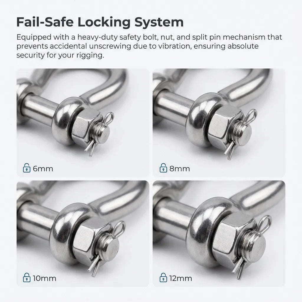 Close-up diagram of the fail-safe locking system featuring safety bolt, nut, and split pin for vibration-proof security.