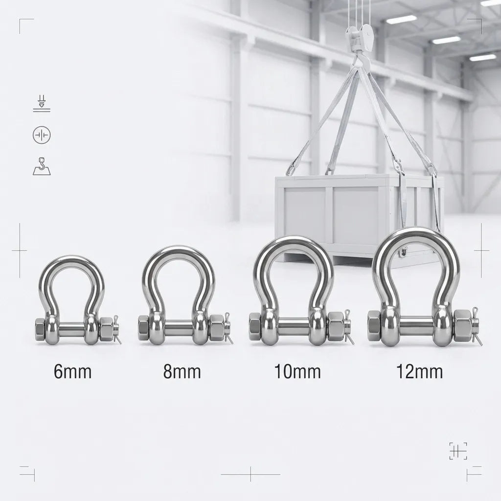 Scale comparison of marine shackles in an industrial lifting context with load ratings from 100kg to 520kg.