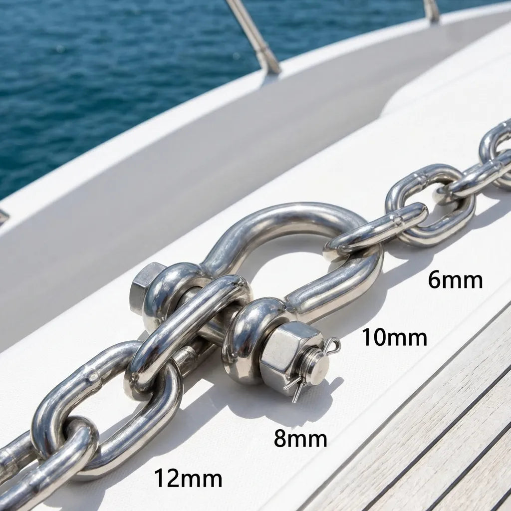 AirowMarine bow shackle connecting high-tensile anchor chain on the white deck of a luxury yacht.