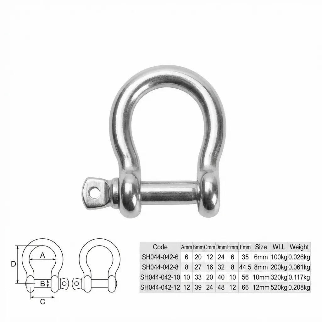 Technical dimension drawing and weight load limit table for SH044-042 series bow shackles.
