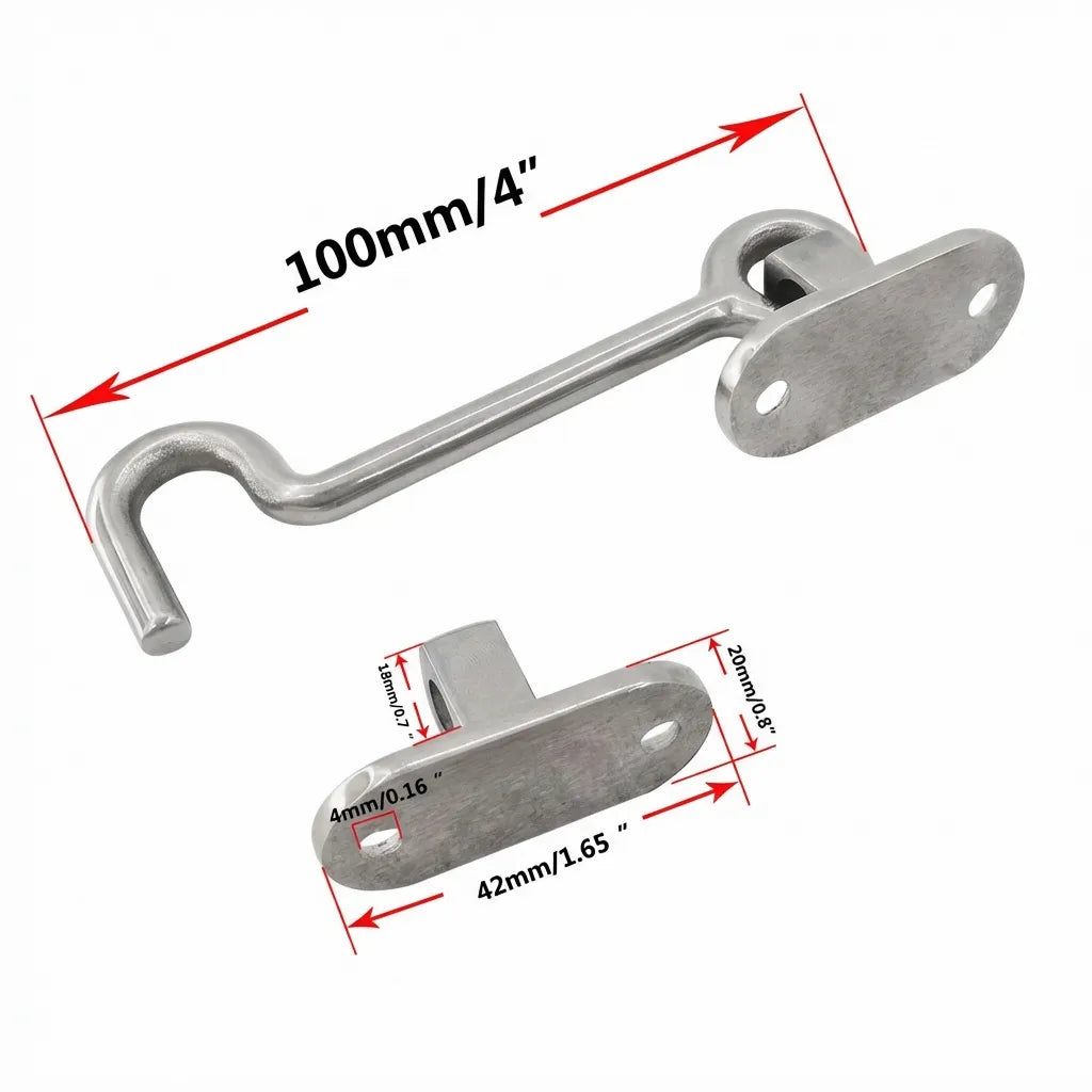 Technical dimension diagram of the cabin hook showing a 4-inch (100mm) length, 42mm base width, and 4mm mounting hole diameter.