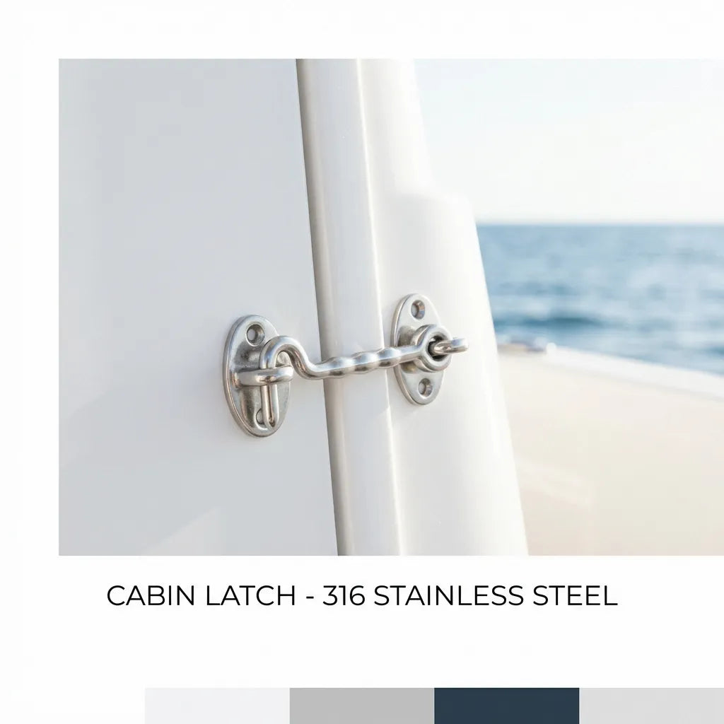 Close-up of the 316 stainless steel cabin latch installed on a white fiberglass boat door with the ocean in the background, demonstrating real-world marine application.