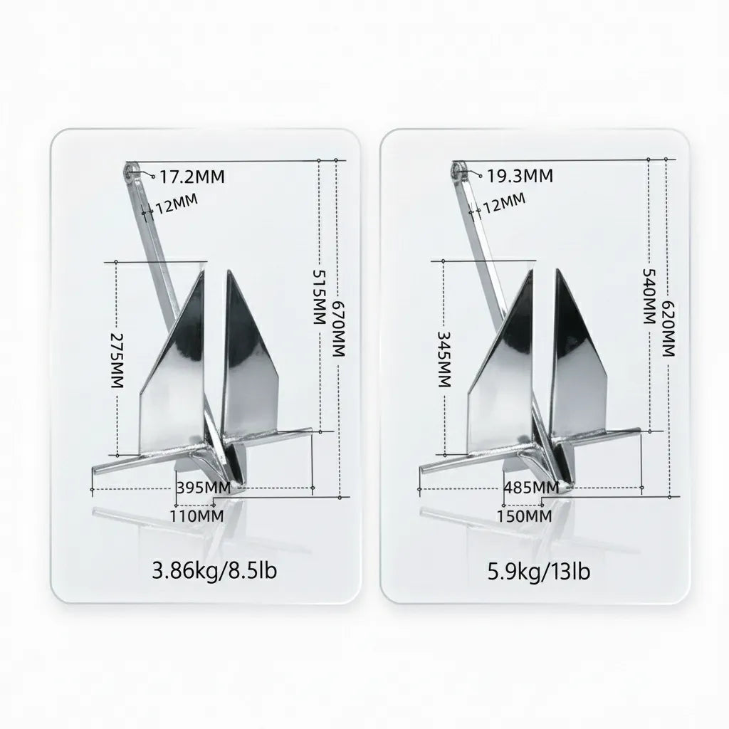 Detailed dimensional drawing showing measurements for 3.86kg (8.5lb) and 5.9kg (13lb) anchor variants.