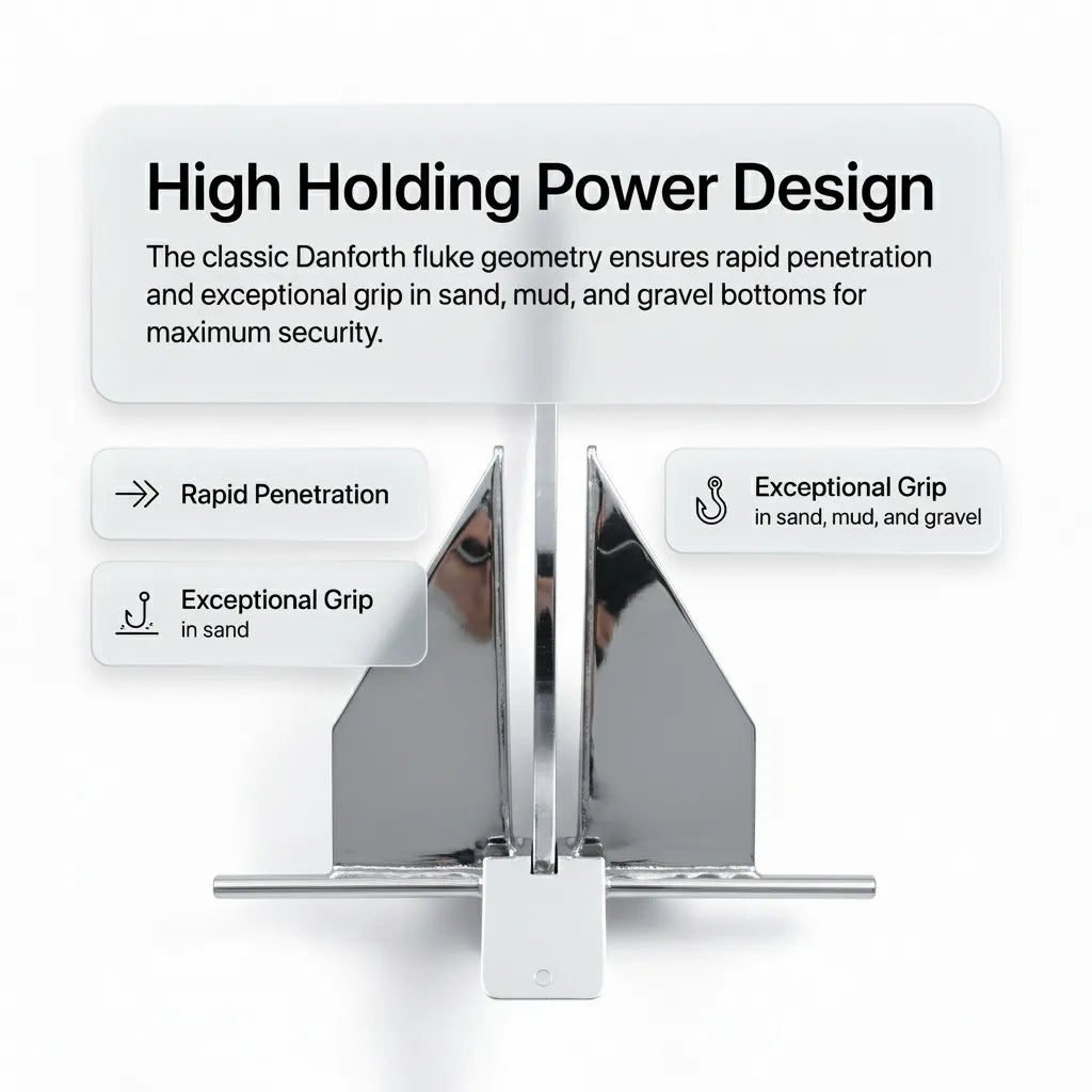 Technical diagram showing fluke geometry for rapid penetration and exceptional grip in sand, mud, and gravel bottoms.