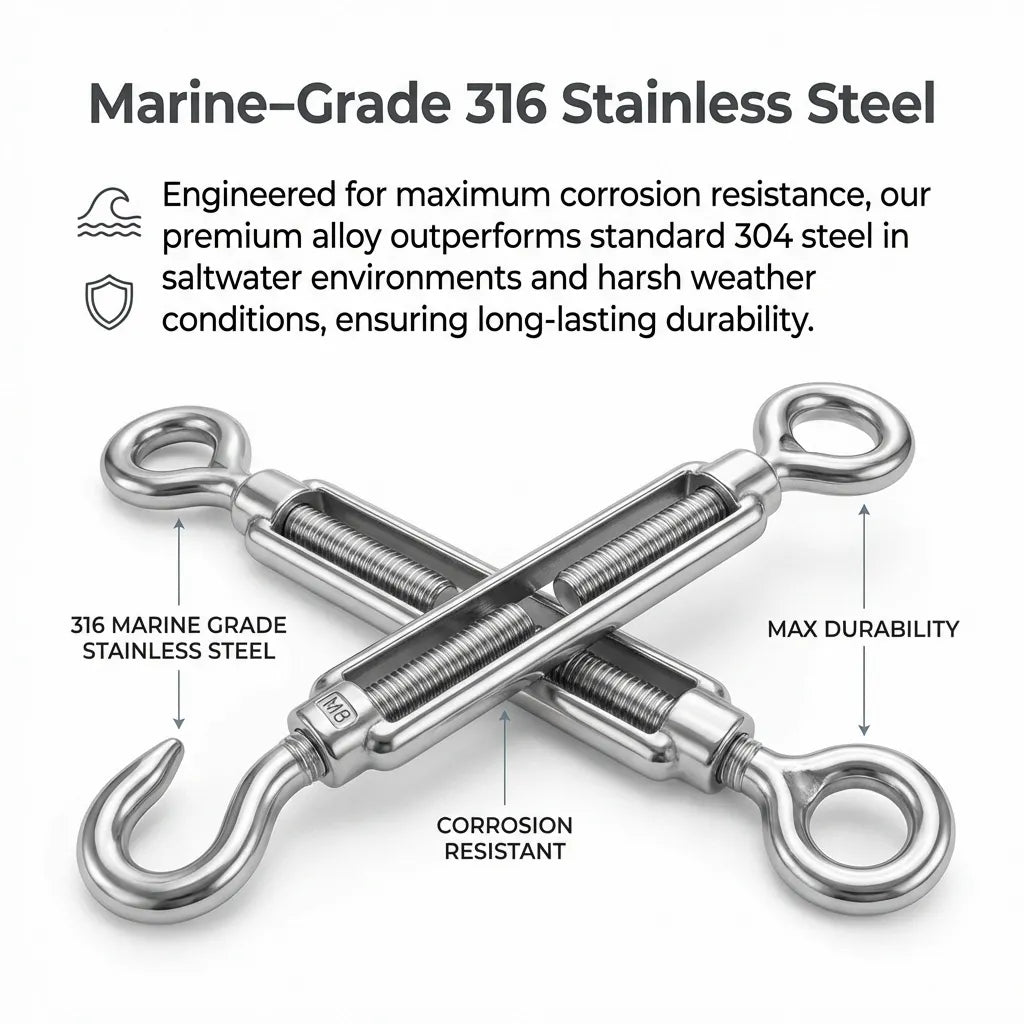 Technical overlay highlighting the corrosion-resistant properties of marine-grade 316 stainless steel compared to standard 304 steel.