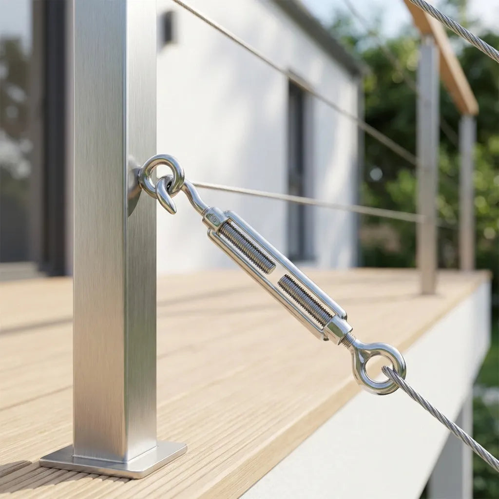 Lifestyle application of a forged stainless steel turnbuckle used to tension architectural wire rope railing on a modern wooden deck.