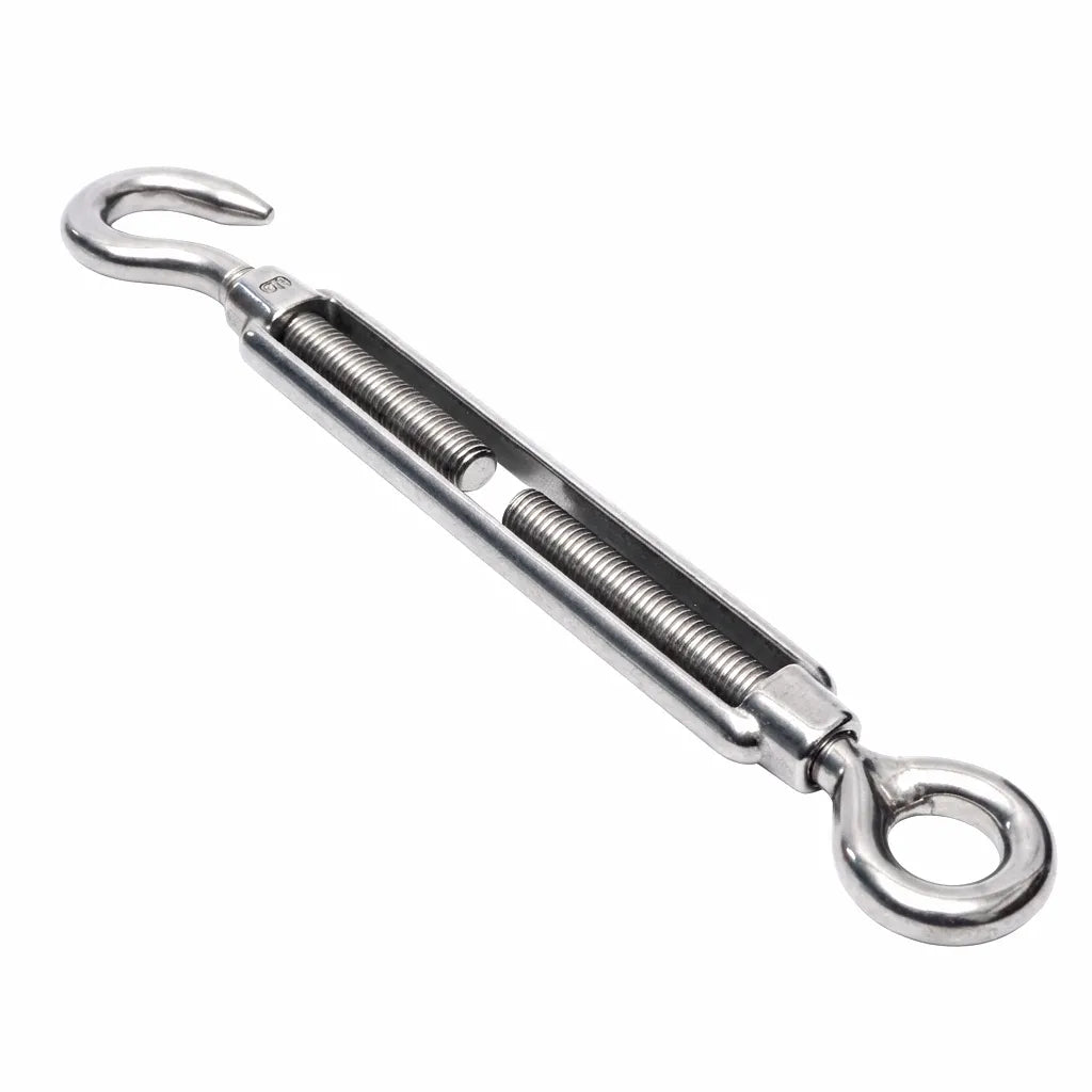 Main hero shot of an AirowMarine 316 Stainless Steel European Type Eye and Hook Turnbuckle showing the mirror-polished finish on a pure white background.