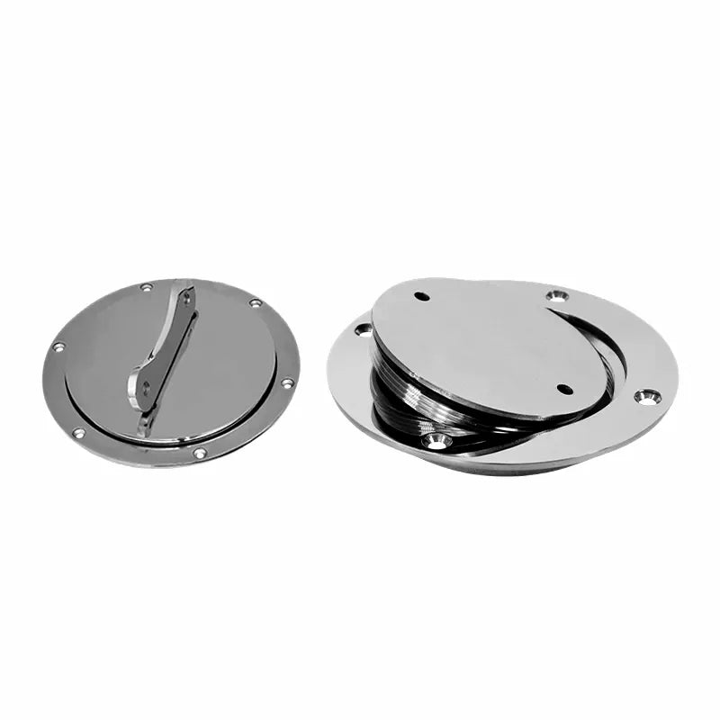 Robust 316 Stainless Steel round deck inspection hatch, featuring a secure flush-mount design and mirror-polished finish, shown both closed and with the handle extended for opening.