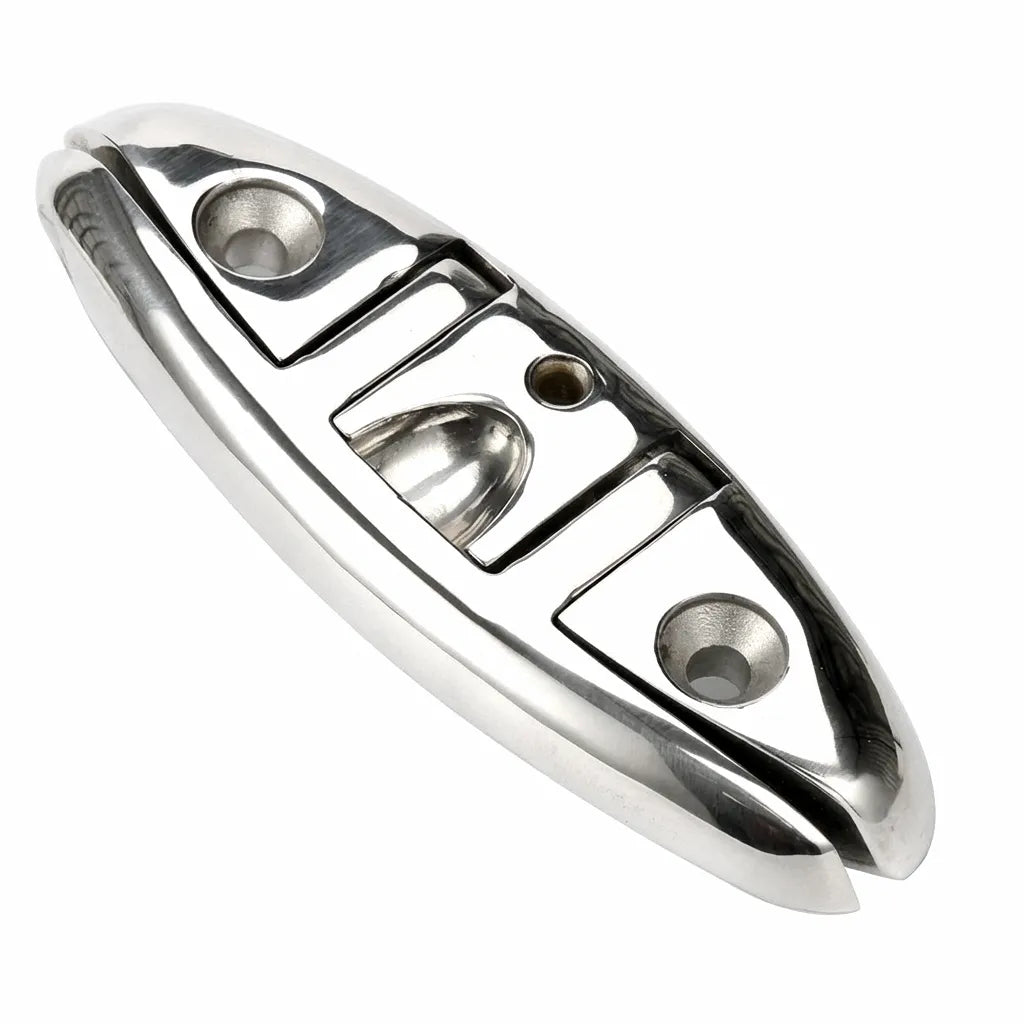 High-angle studio shot of a 316 stainless steel folding boat cleat on a pure white background, showcasing jewelry-grade mirror polish and retractable flip-up design.