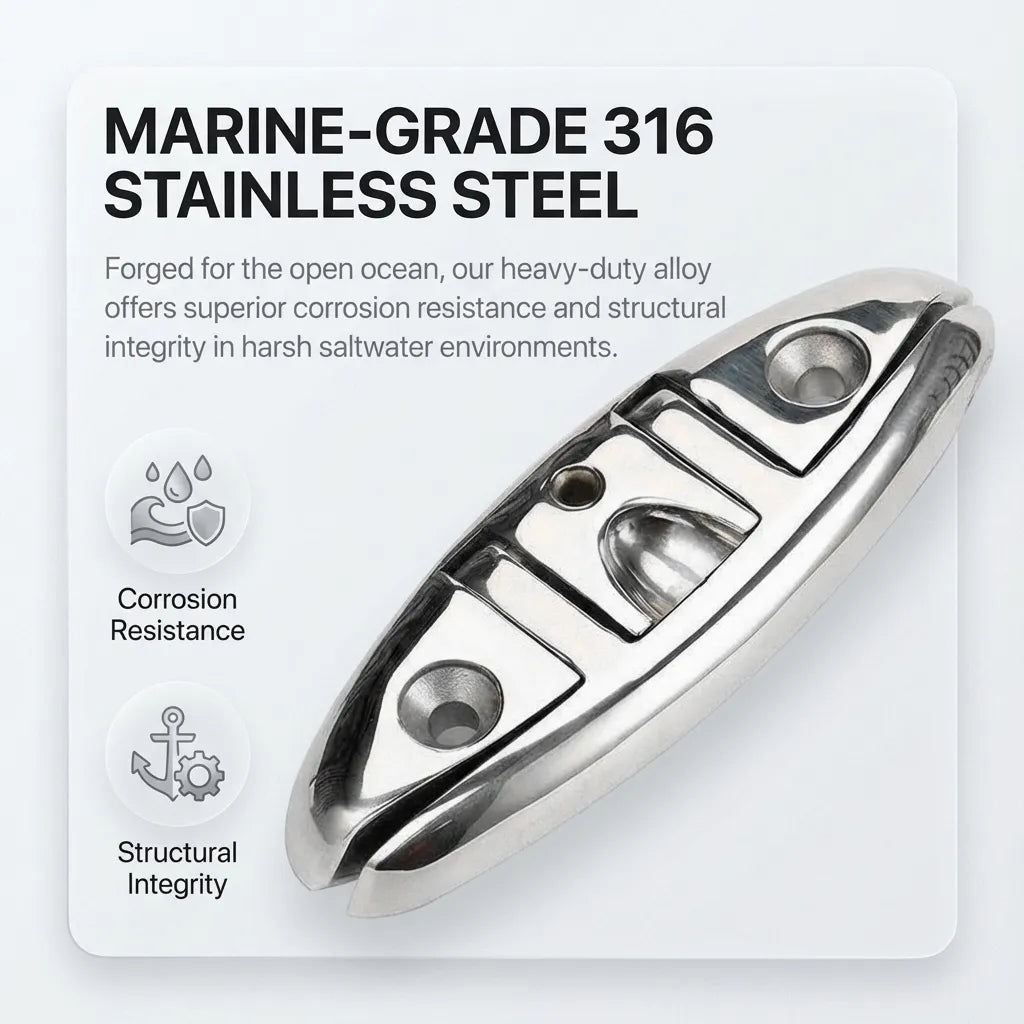 Detailed view of the heavy-duty alloy construction forged for open ocean environments with structural integrity callouts.